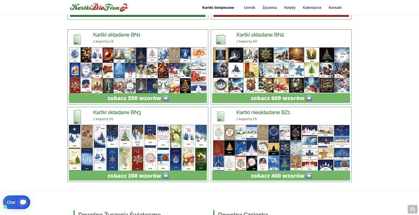 Zestawienie formatów kartek na kartkidlafirm.pl: składane BN1 z kopertą C6, BN2 z kopertą K4, BN3 z kopertą DL oraz nieskładane BZ1 z kopertą C6.