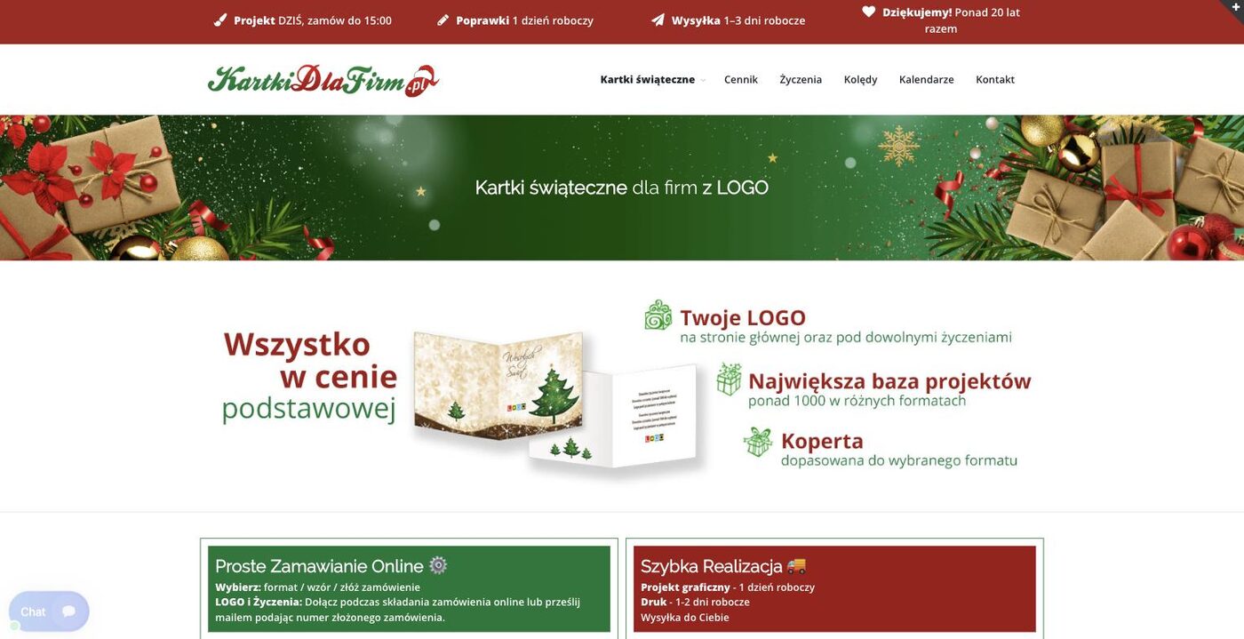 Strona główna serwisu kartkidlafirm.pl z hasłem „Kartki świąteczne dla firm z LOGO” i informacją, że logo, życzenia i koperta są w cenie podstawowej.
